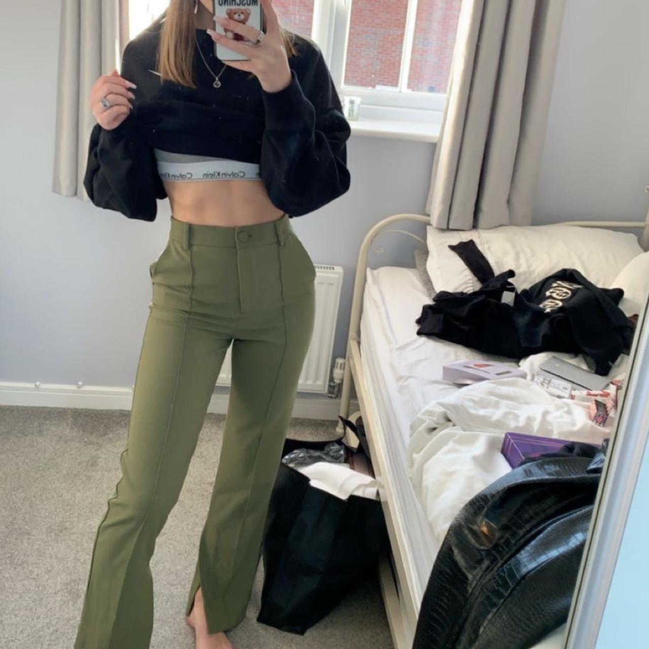 Green straight leg trousers with slit at the bottom... - Depop