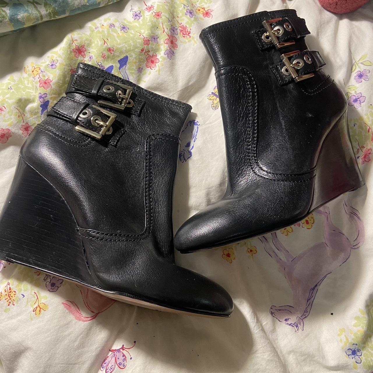 Nine West Black leather wedge ankle boots with. Depop