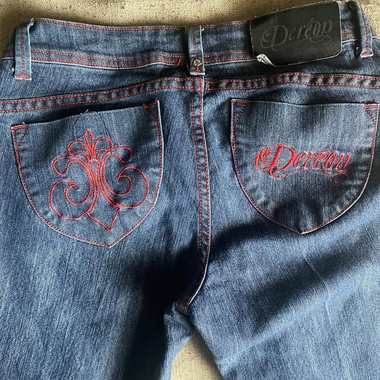 Women's Navy and Red Jeans | Depop