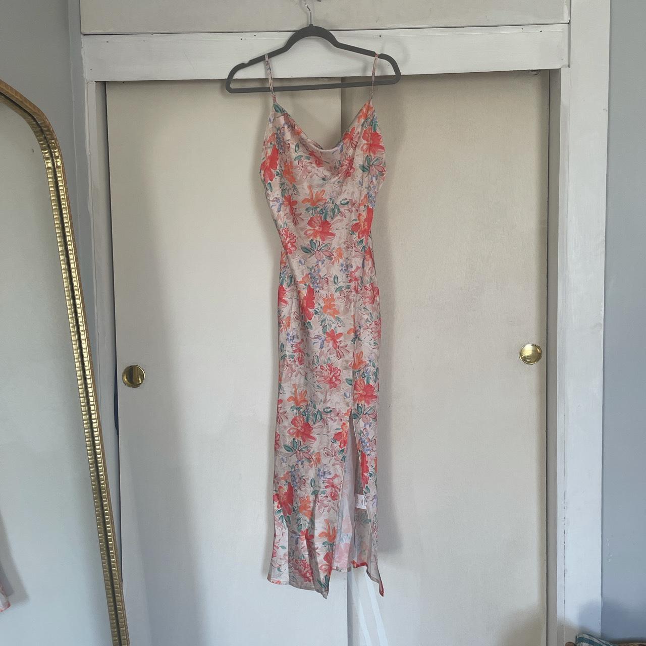 Silk floral long dress with slight in front. Never... Depop
