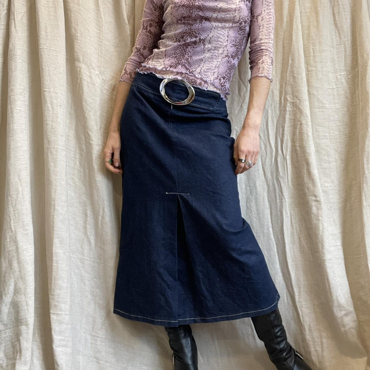 Denim longline skirt with big silver buckle belt.... - Depop