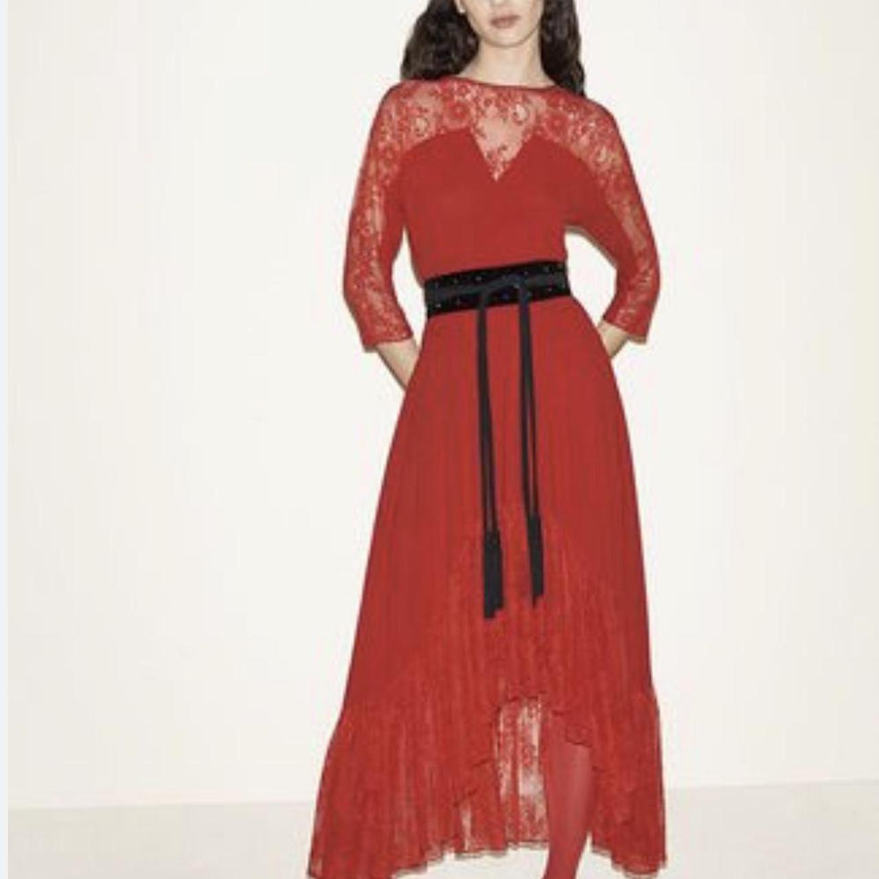 Maje asymmetric red lace dress - worn once. Fits... - Depop