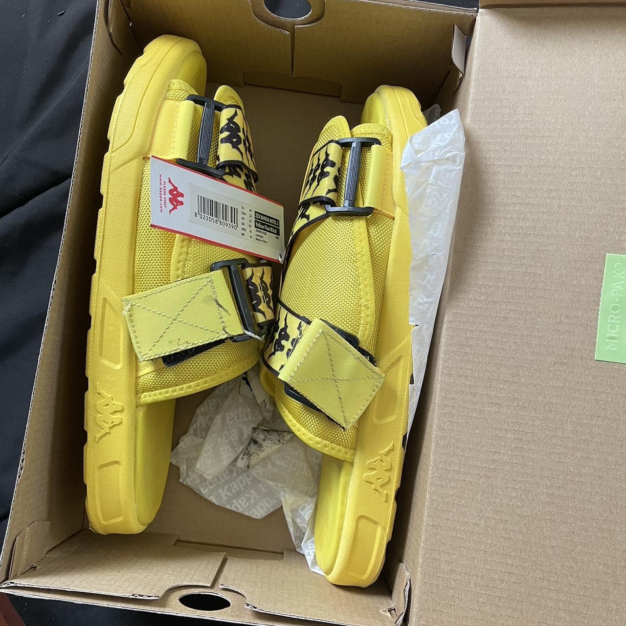 Kappa Men's Yellow and Black Slides Depop