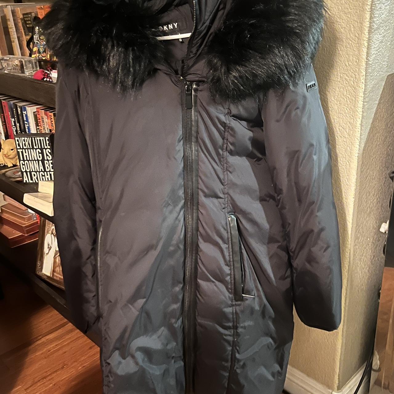 Dkny asymmetrical puffer store coat with fur hood