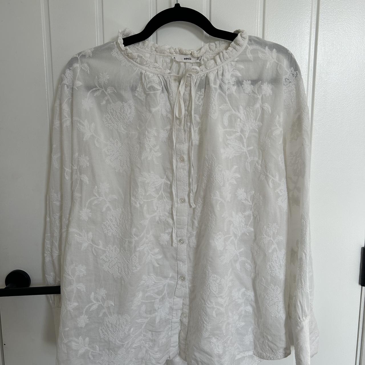 White, floral embroidered mango blouse - Depop