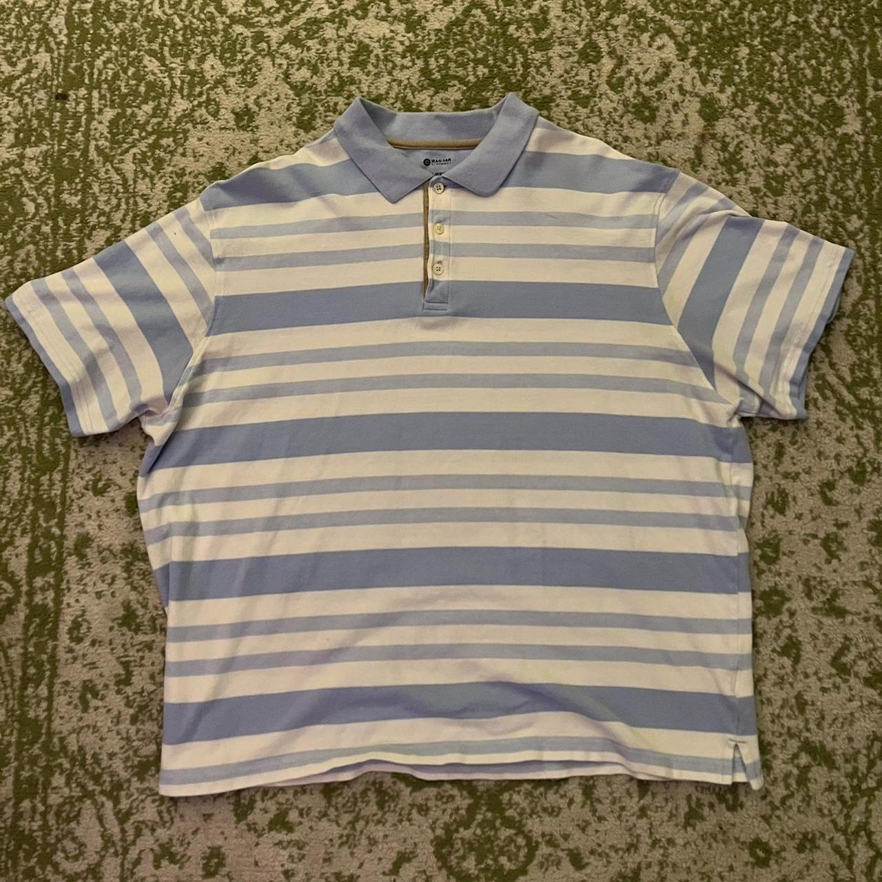 light blue/ white striped polo shirt size: xxl - Depop