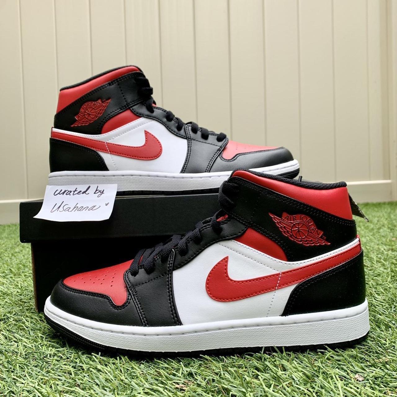 Men’s Nike Air Jordan 1 Mid White Black Red Shoes - Depop