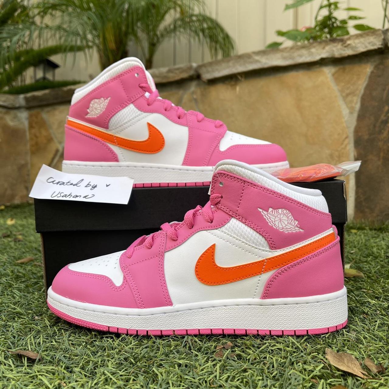 Nike Air Jordan 1 mid GS pink orange shoes Brand... - Depop