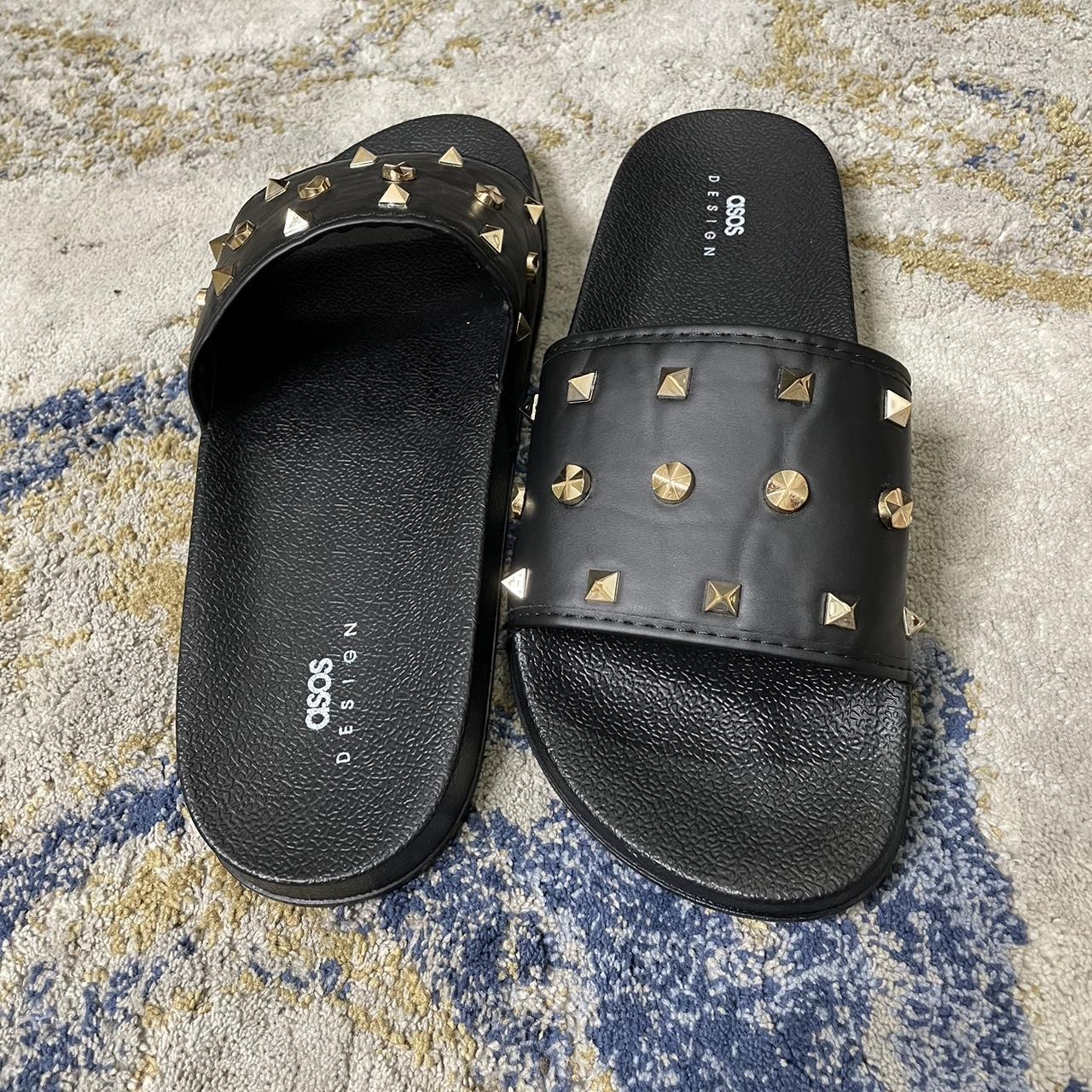 mens black and gold slides