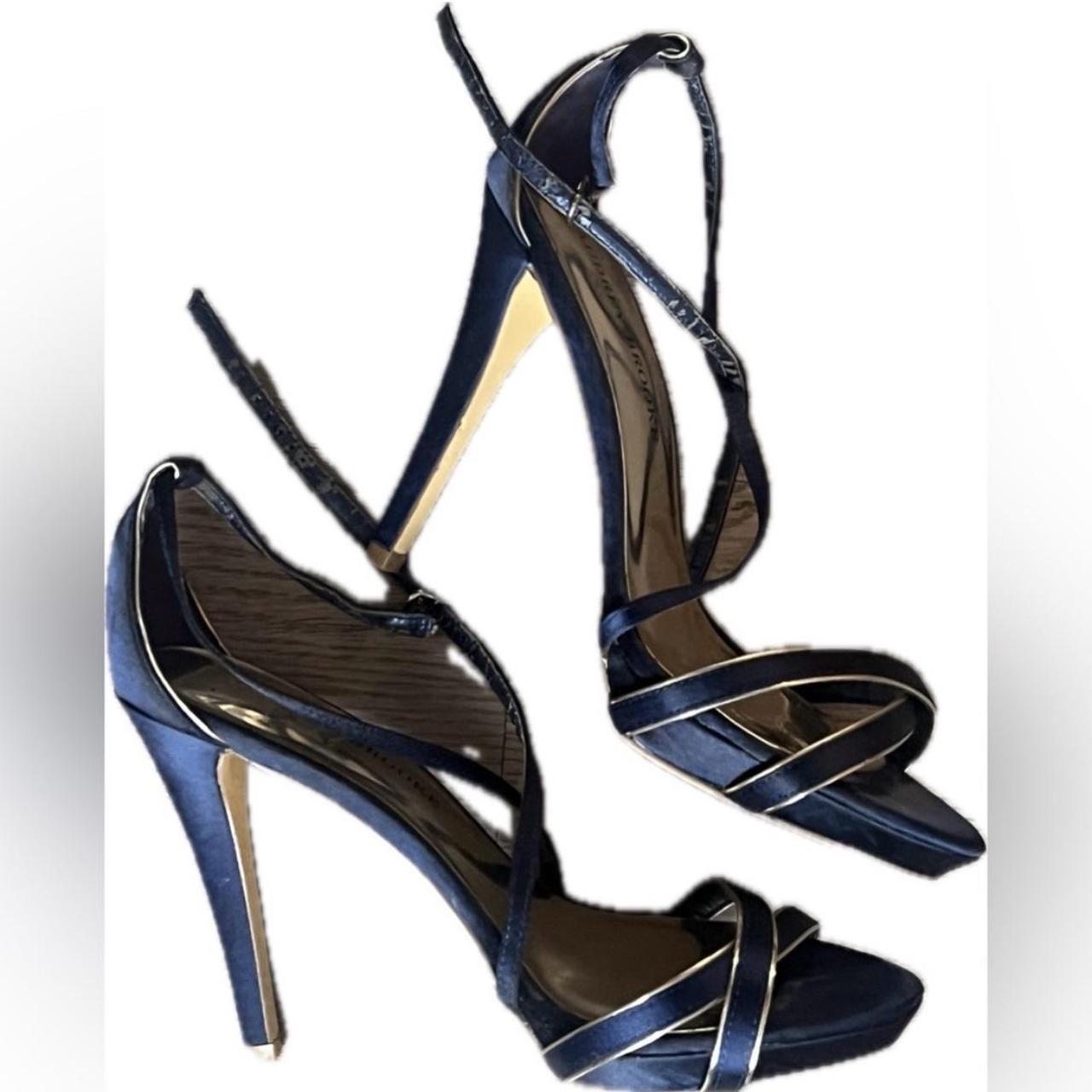 BLUE SATIN HIGH HEEL SANDALS GOLD TRIM SIZE 8 Audrey Depop