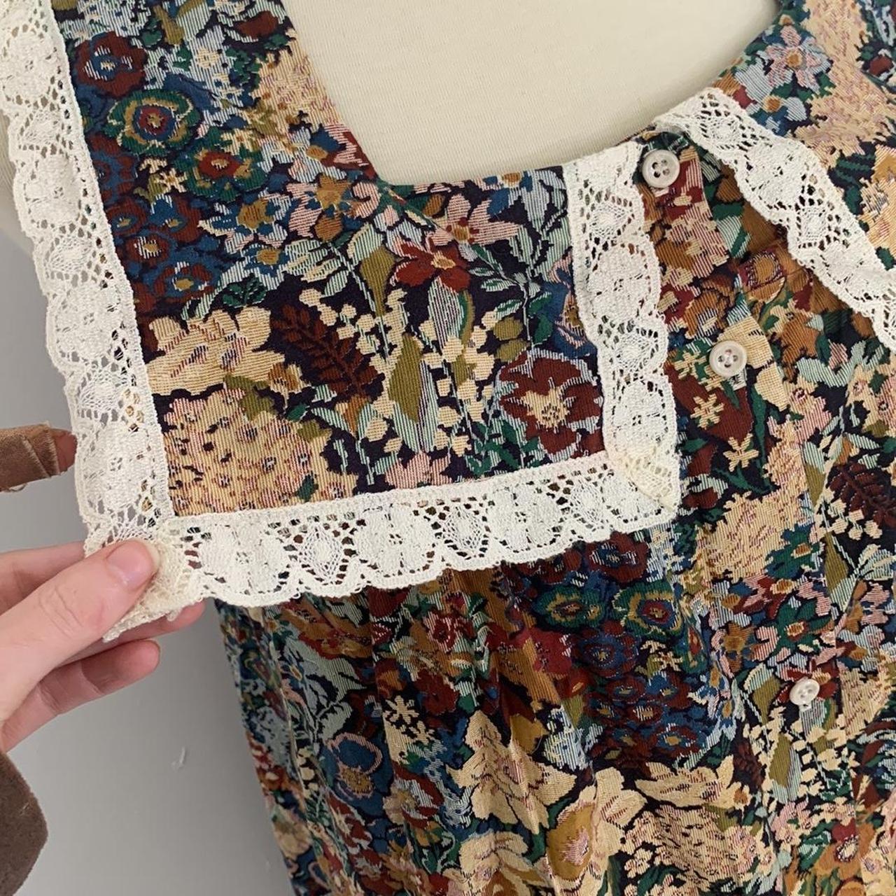 Vintage Floral Tapestry Print Dress With Lace Bib... Depop