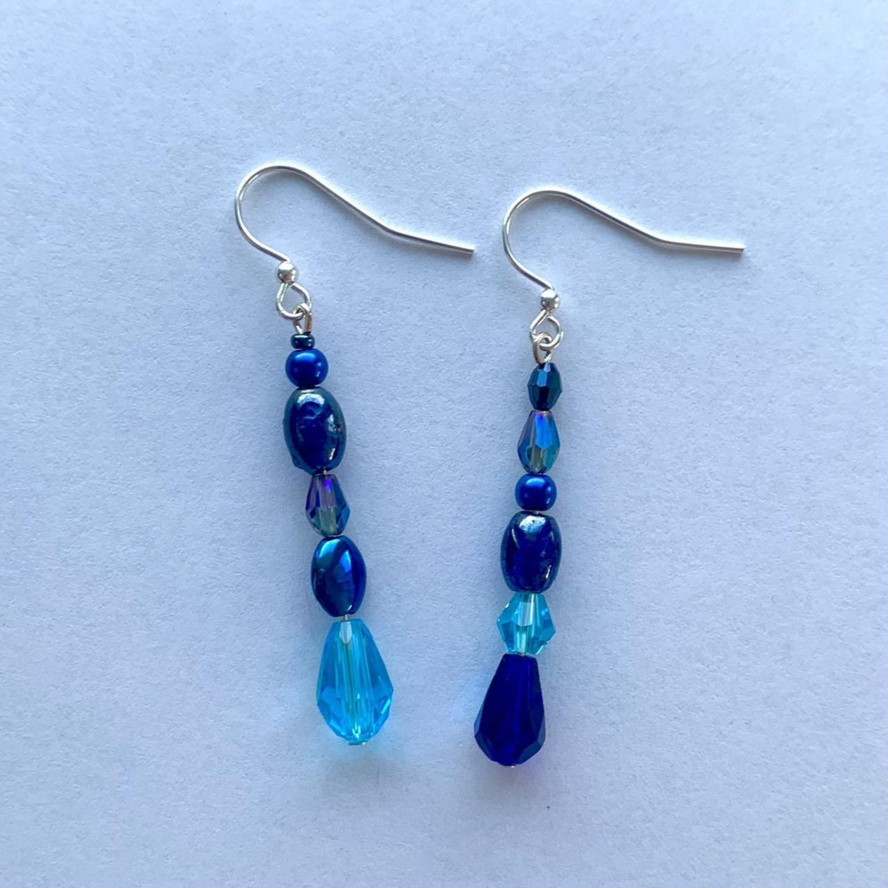 Blue asymetrical beaded drop earrings handmade by Depop