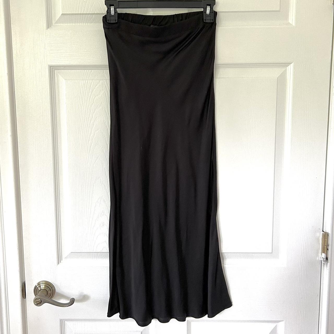 Long midcalf black satin skirt. Waist 28”, size M.... - Depop