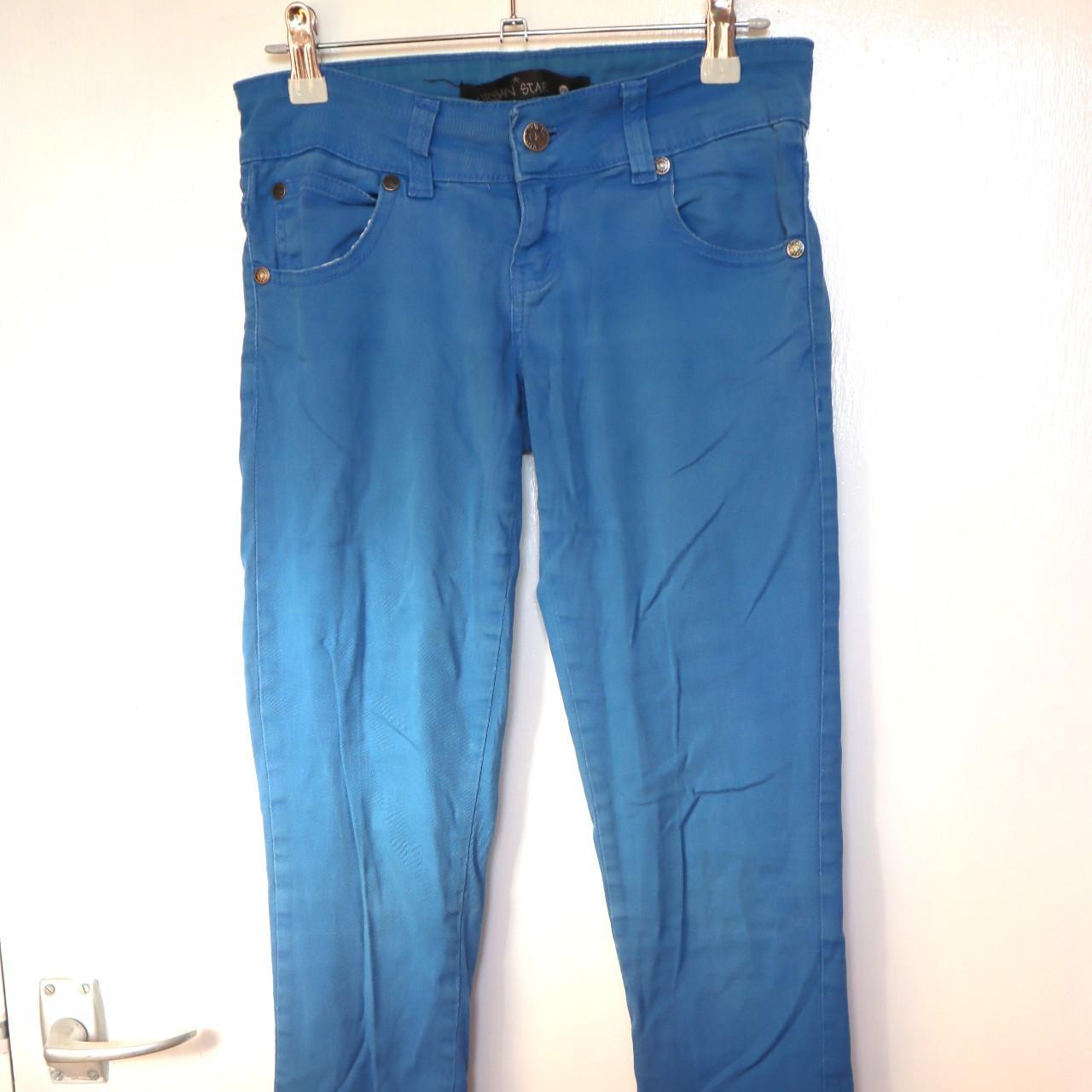 Bright blue scene kid style skinny jeans - Depop