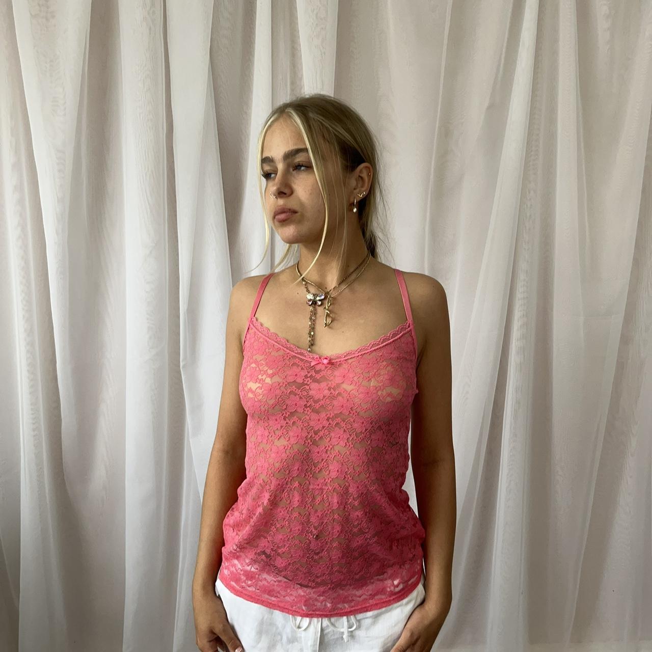 Pink 00s lace cami top with adjustable straps Super... - Depop