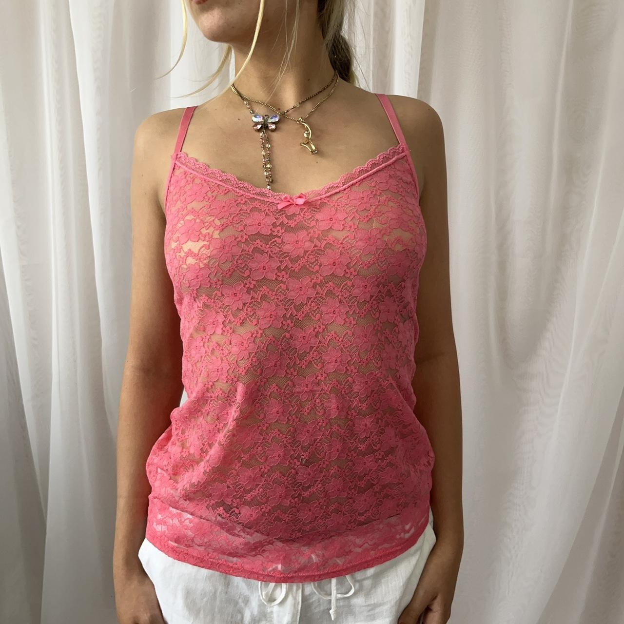 Pink 00s lace cami top with adjustable straps Super... - Depop