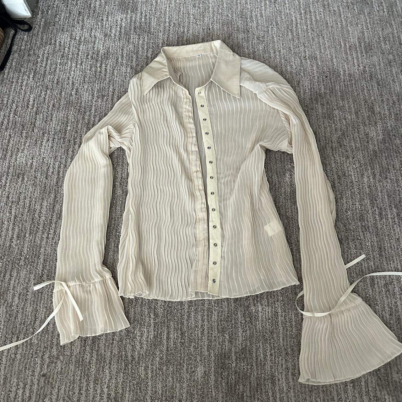 ribbed Cream Sheer snap front cover up with bat wing... - Depop