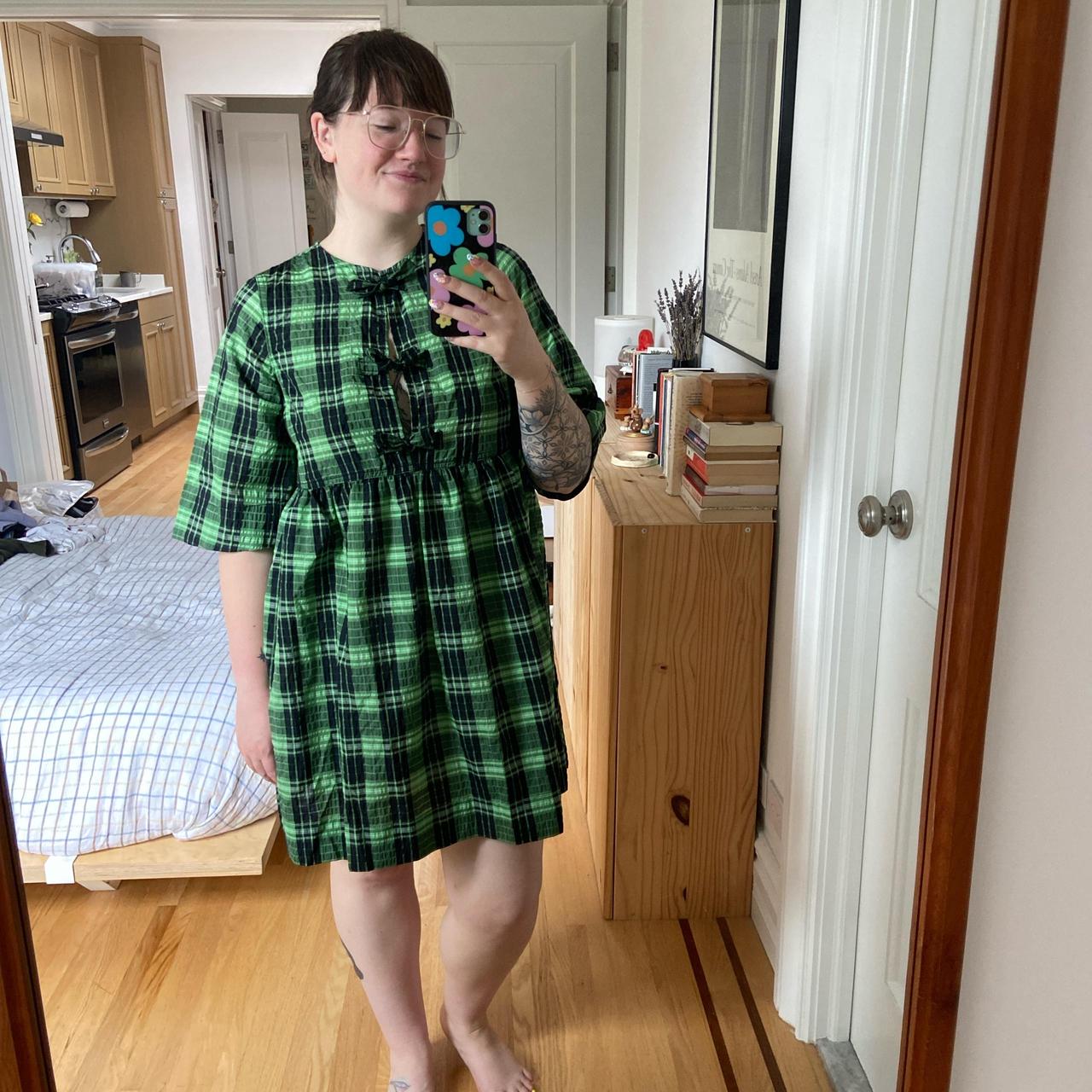 Ganni Green Seersucker Dress Ganni Stretch Check Seersucker Dress