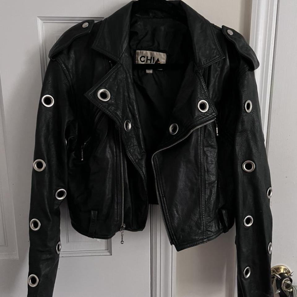 Vintage cropped leather jacket with grommet holes on... - Depop
