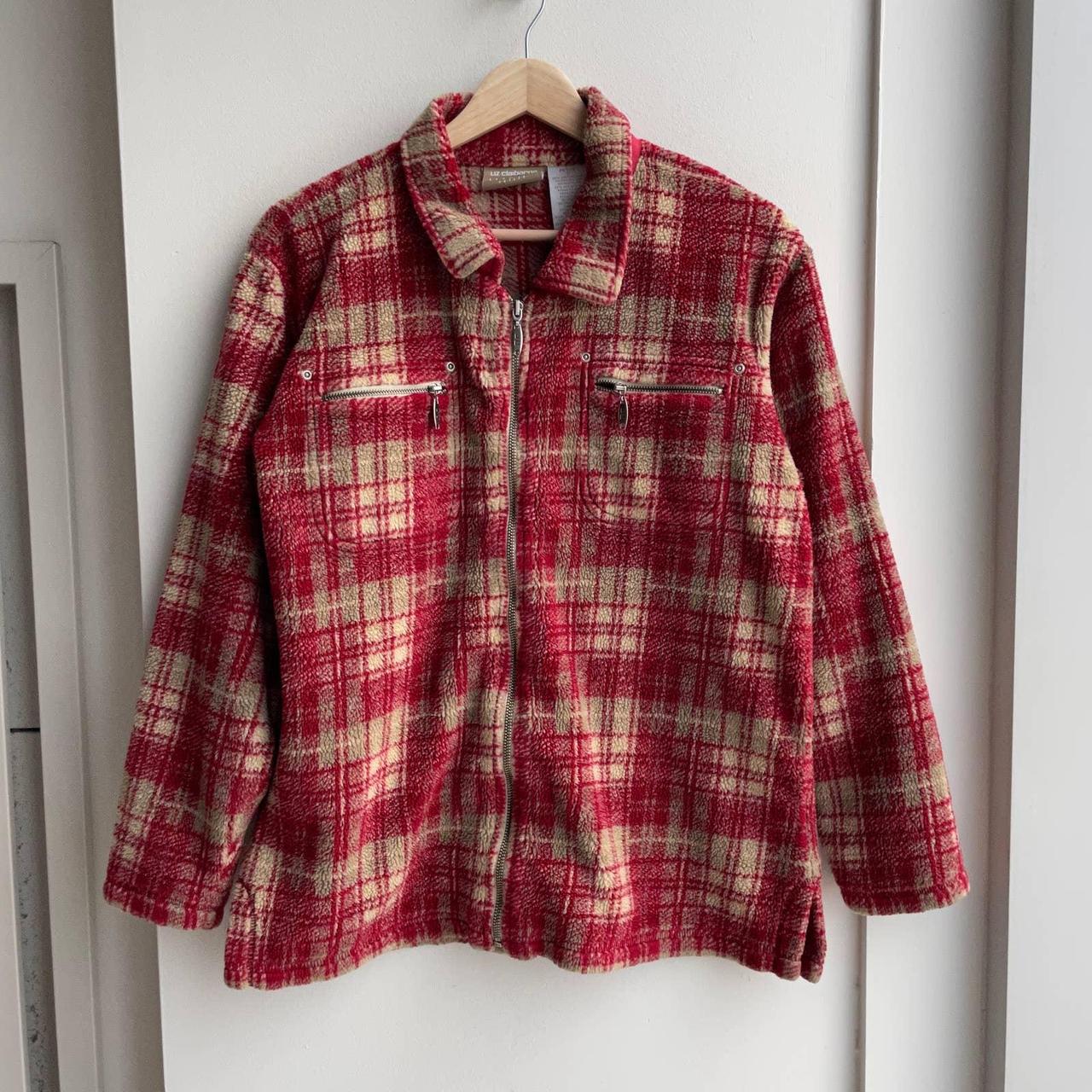 Vintage Liz Claiborne Plaid Fleece Zip-Up Jacket Red... - Depop