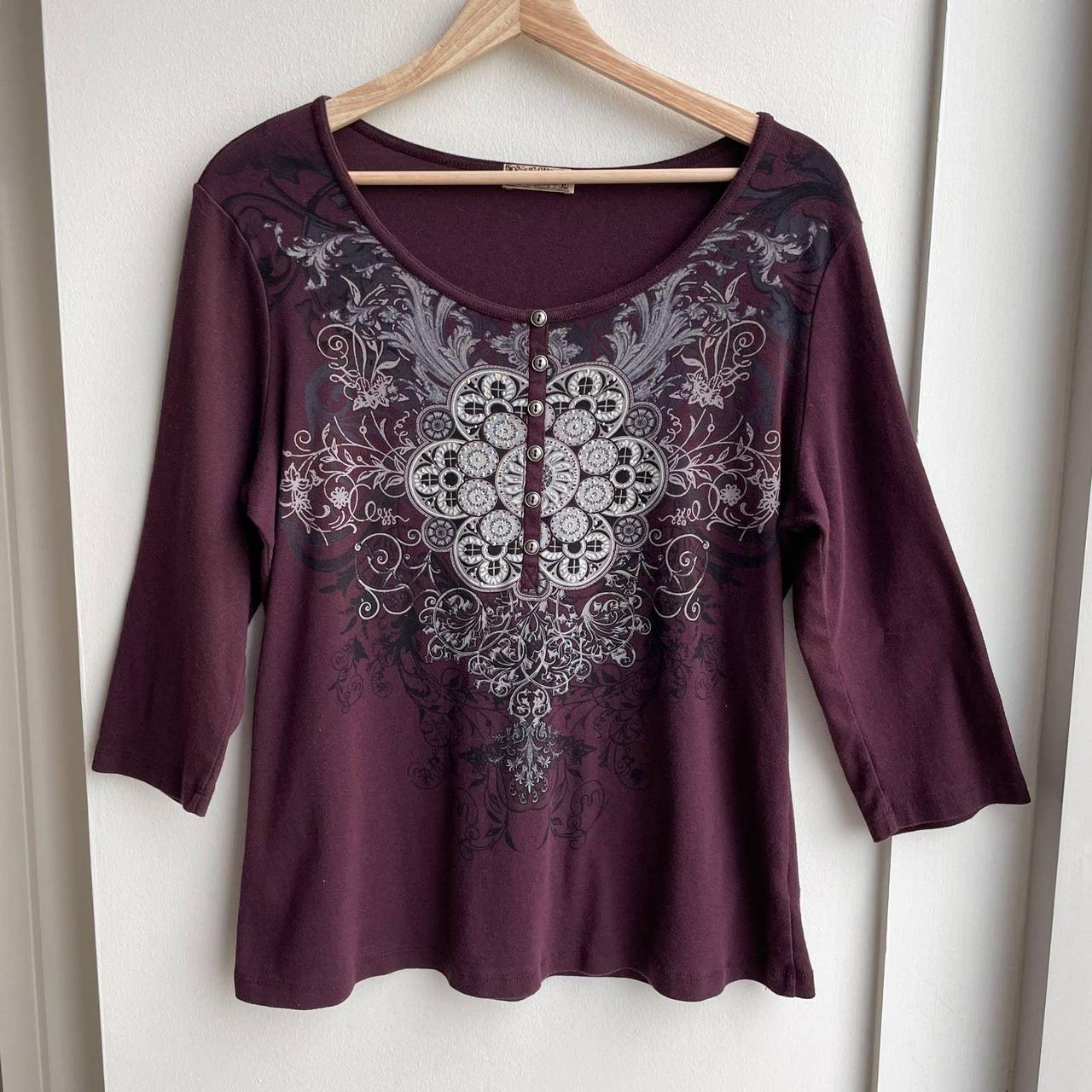 y2k Victorian Henley Brown Floral Indie Grunge 3/4... - Depop