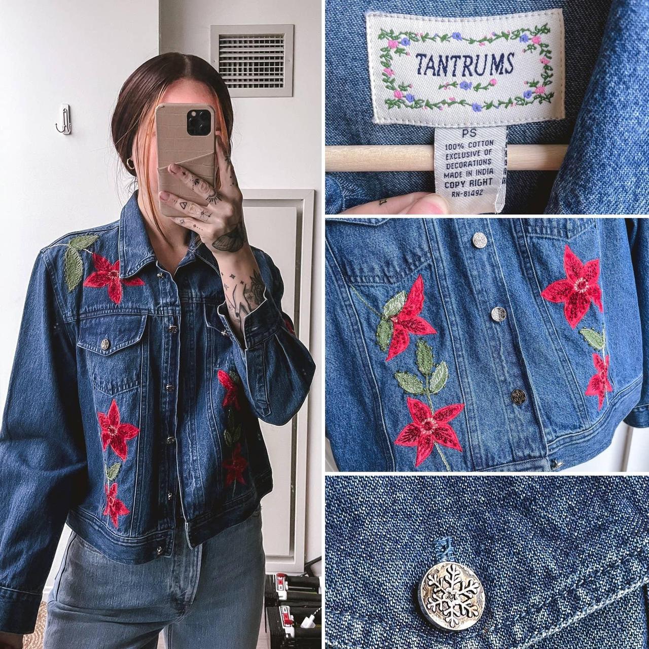 Vintage Floral Beaded Embroidered Denim Jean Jacket... - Depop