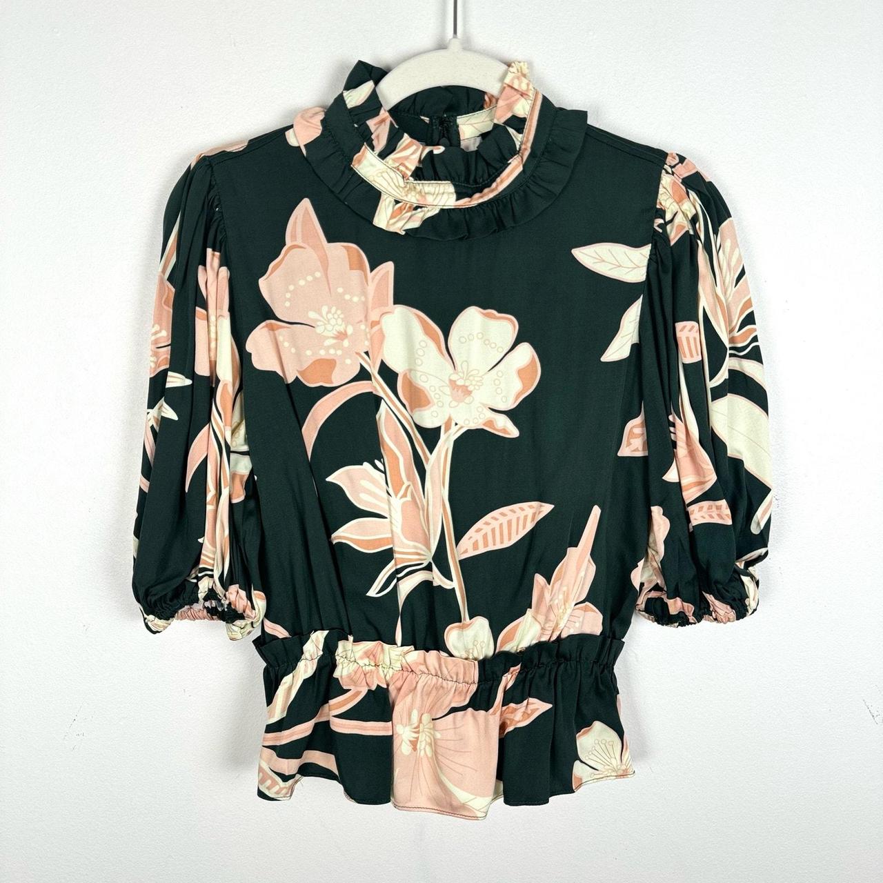 Women's Blouse - Green/Pink - S – T Tahari Floral Print Ruffle Neck Peplum …