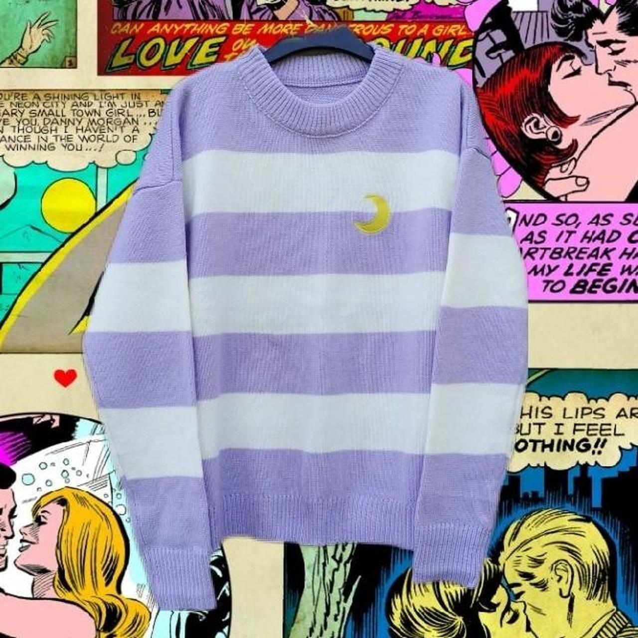 Purple & white striped jumper. Little yellow... - Depop