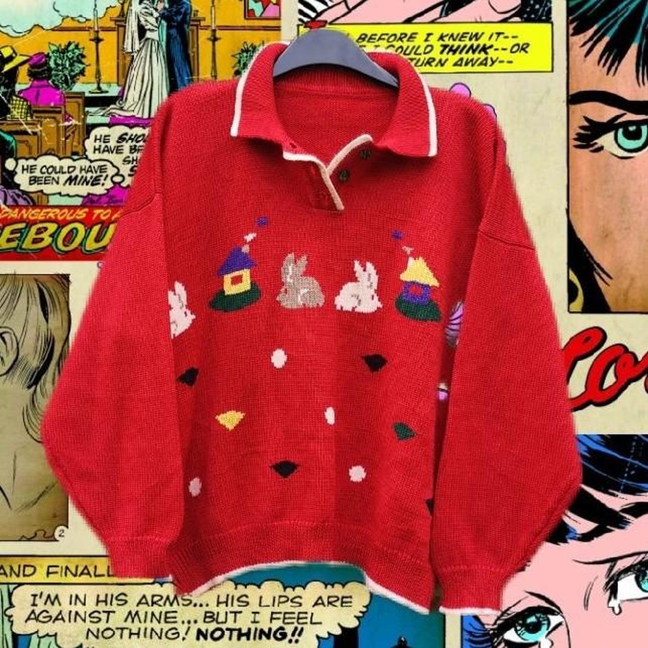 Red jumper with cute bunny rabbits design. Has... Depop
