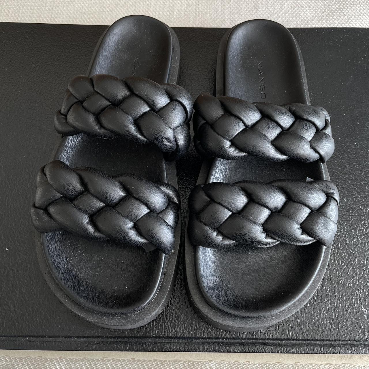 Mango black leather braided strap slide one sandals Depop