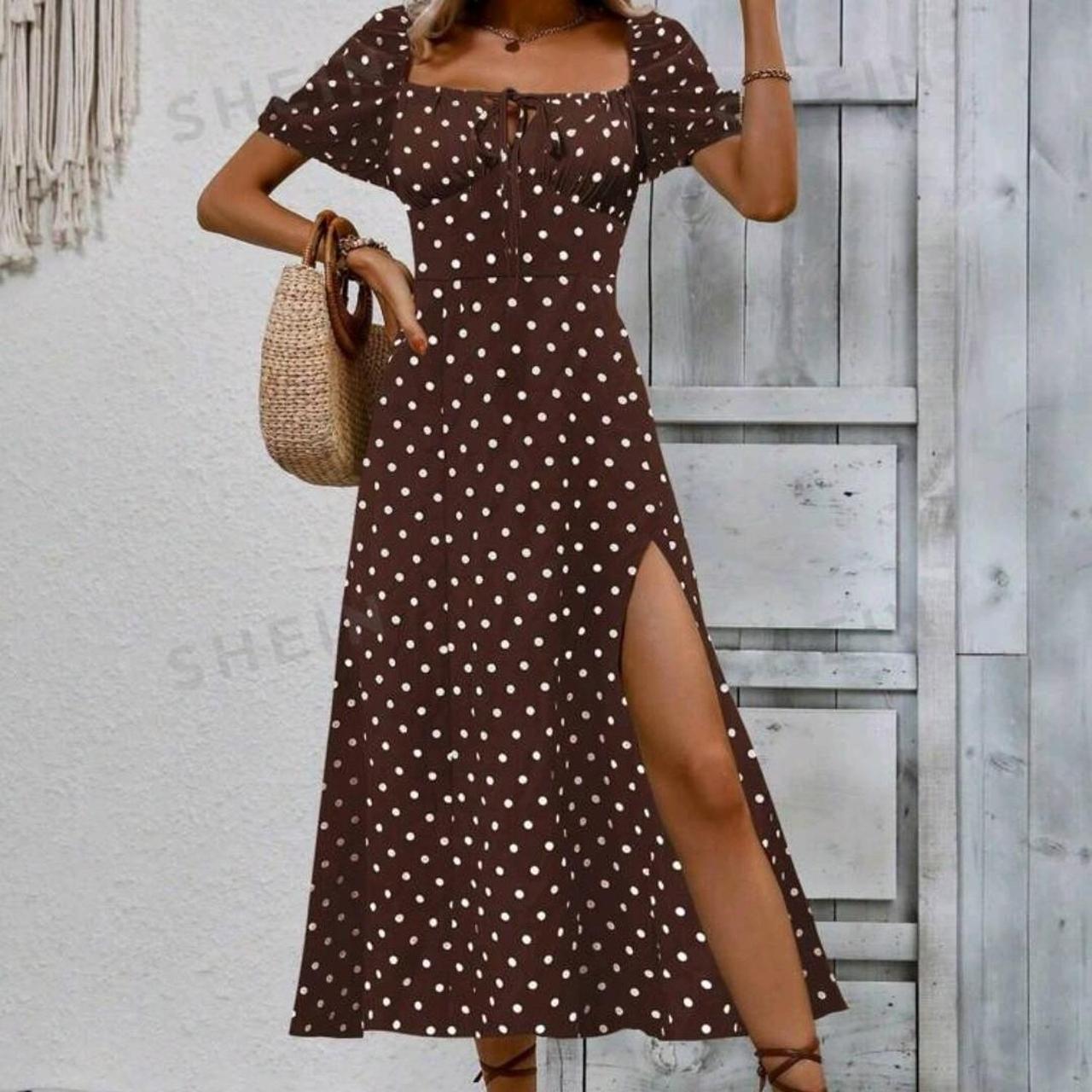 Shein brown and white polka dot babydoll Depop