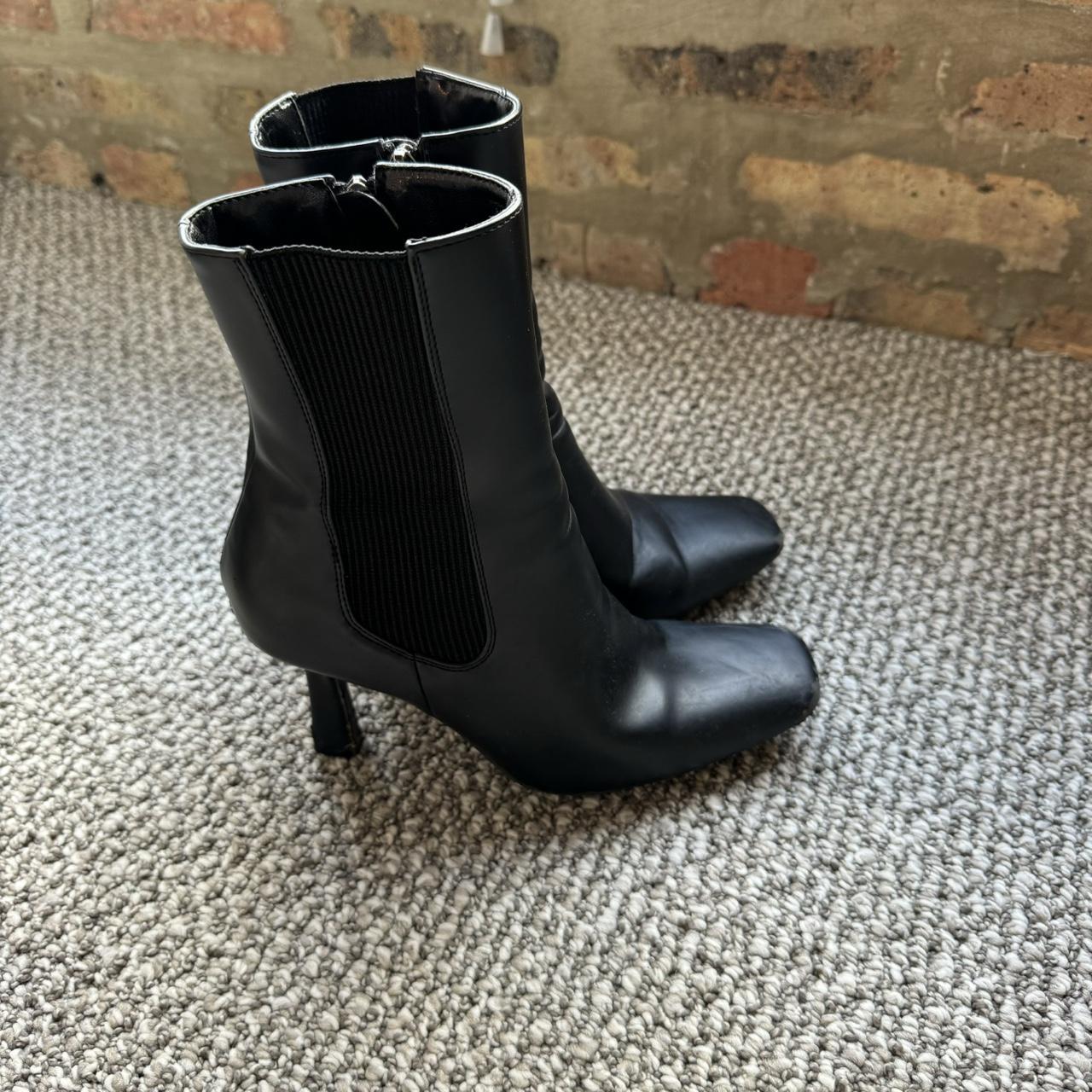 Black leather ankle boots with 4 inch heel. Scuffing. Depop