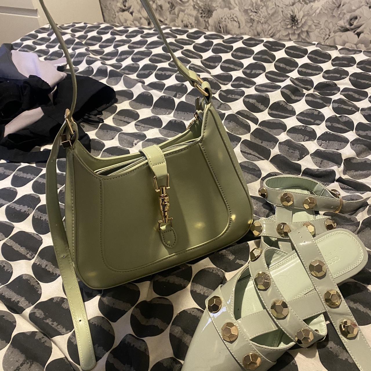 Sage green flat buckle sandals & bag both with gold... - Depop