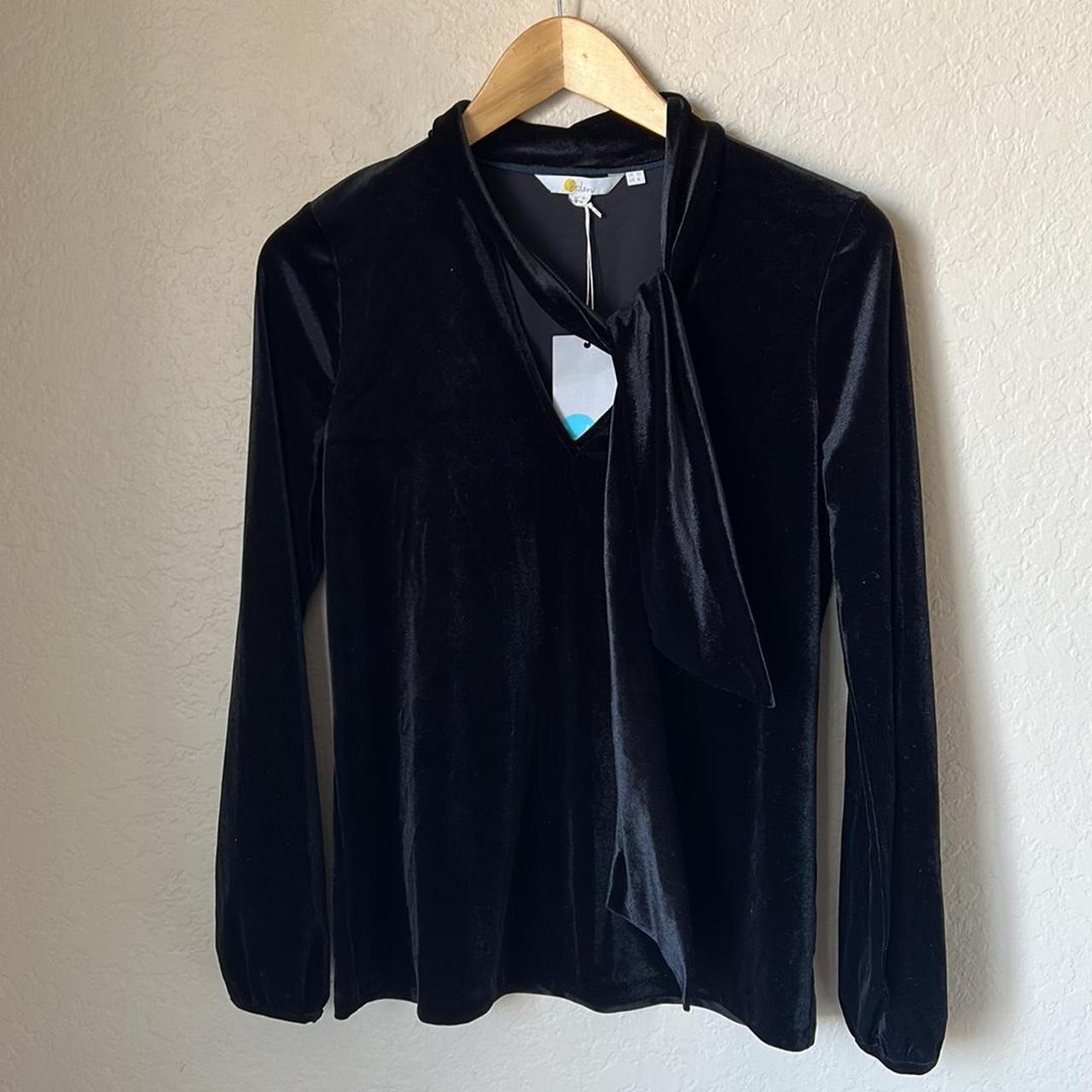 Boden black velvet Nancy tie neck top NWT Pit to pit... - Depop