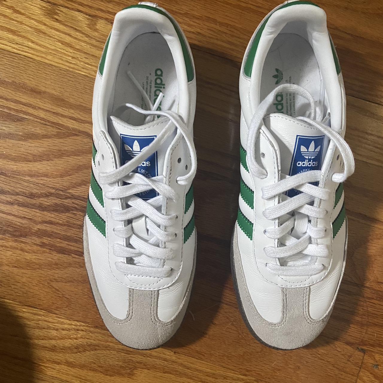 Sambas with green stripes. Worn once. Size: men’s... - Depop