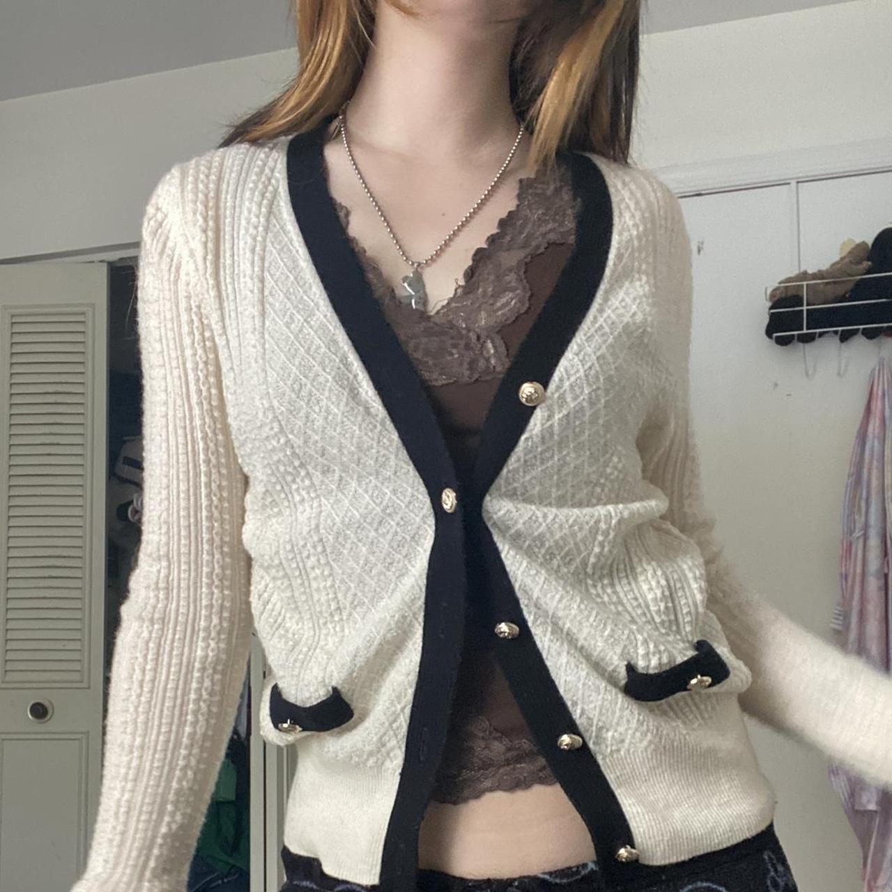 Women's Cream and Black Cardigan | Depop
