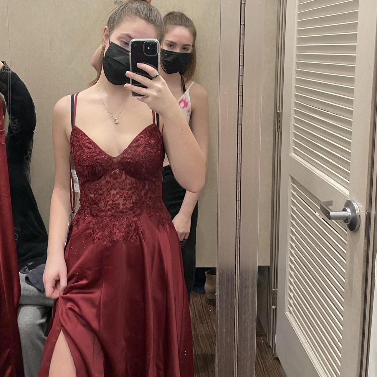 Dark red maroon prom dress with lace corset top