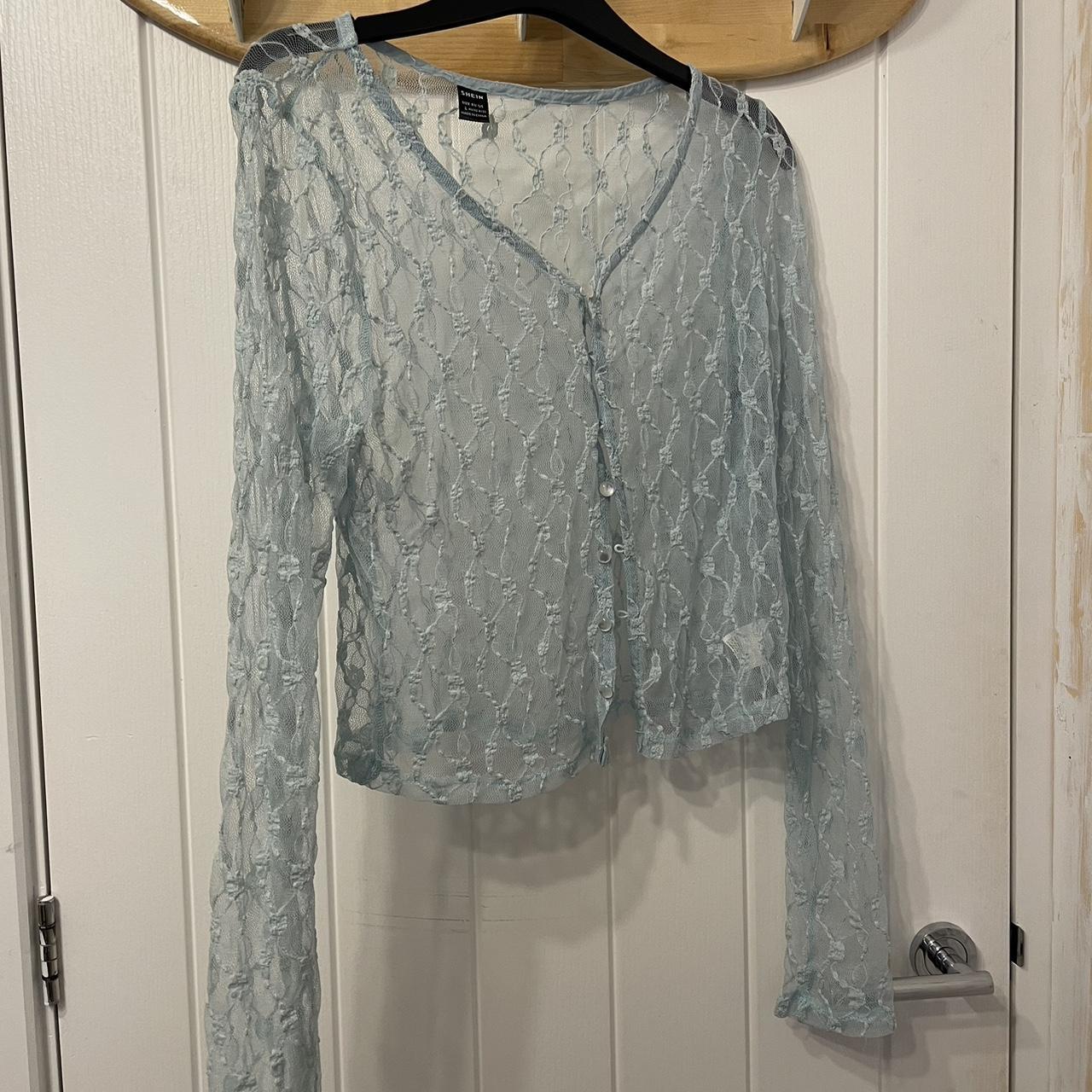 🫐 shein blue button up sheer lace top blouse size L... - Depop