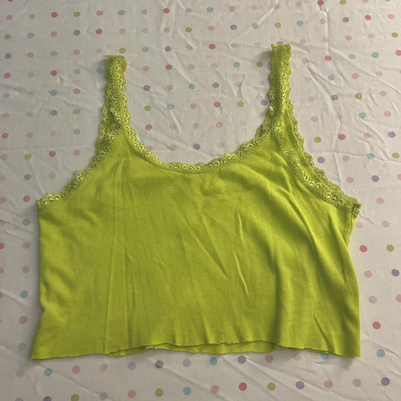 Vintage lime green + cropped tank top with a lace... - Depop