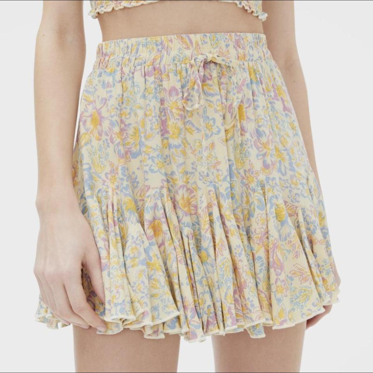 Adorable floral yellow flowy skirt with pink and... - Depop