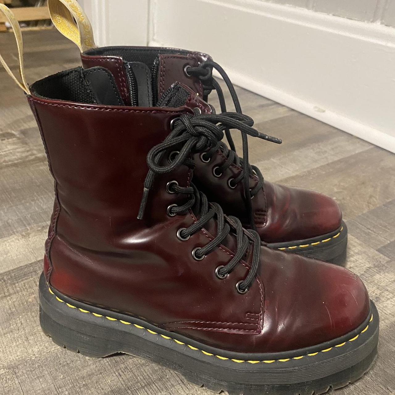 Dr. Martens Women's Burgundy and Black Boots | Depop