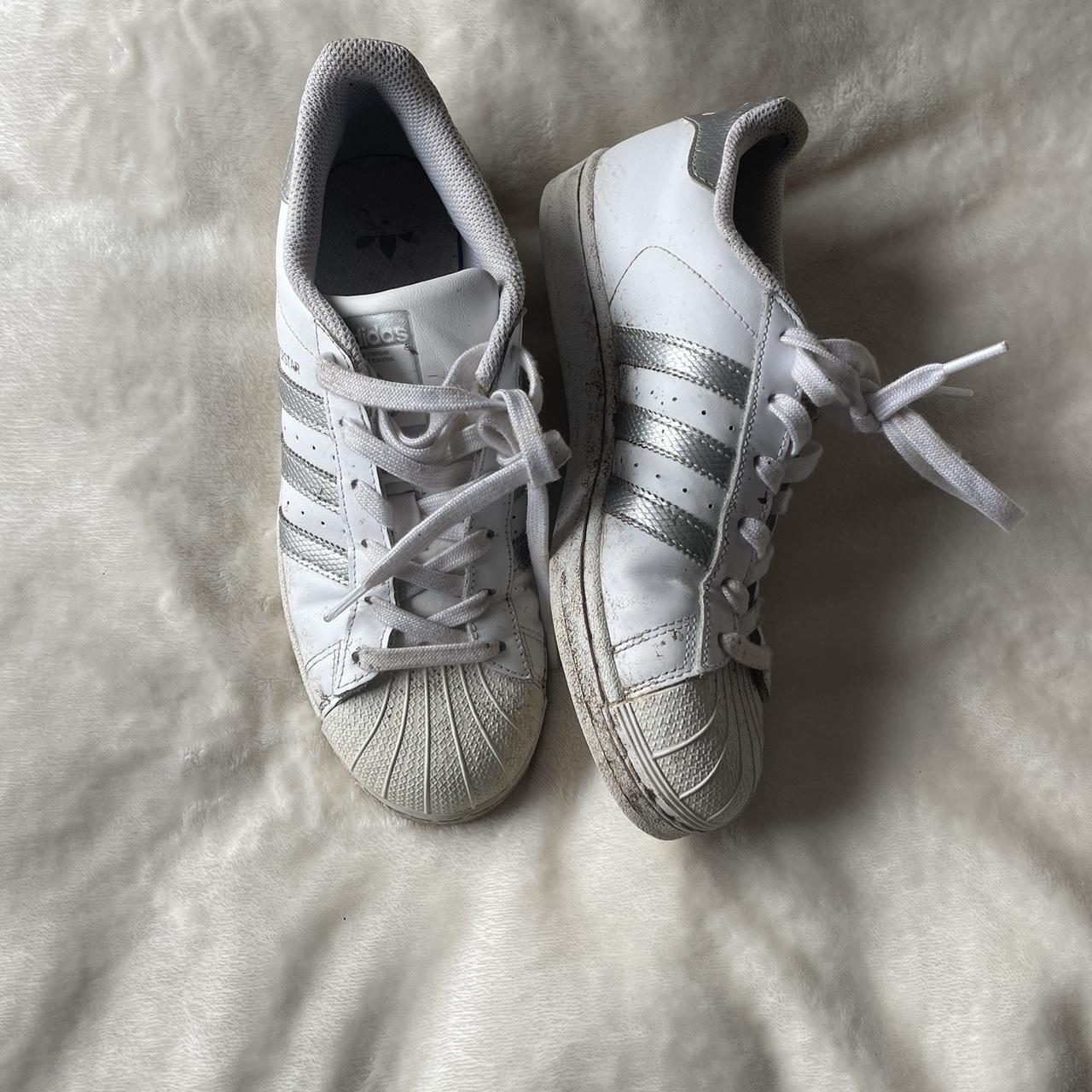 Adidas Women's White and Silver Trainers | Depop