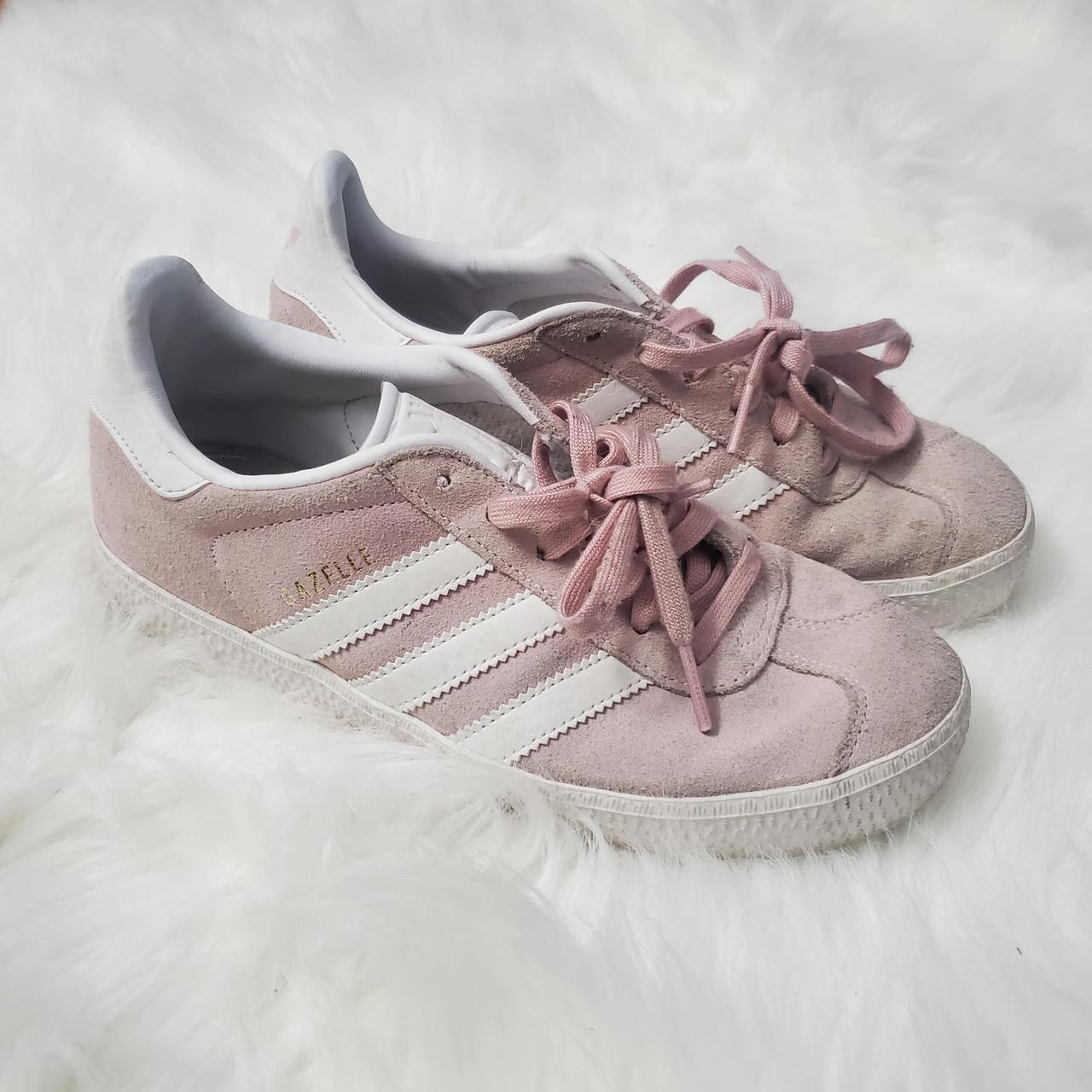 Adidas Gazelles Baby Pink and White Suede Sneakers... - Depop
