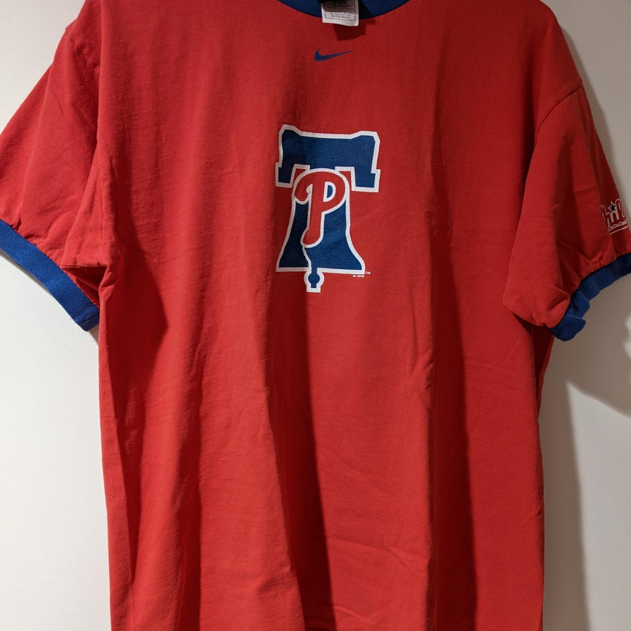 Vintage Nike Team MLB Phillies Men's Size L Red Short Sleeve Blue Ringer T Shirt