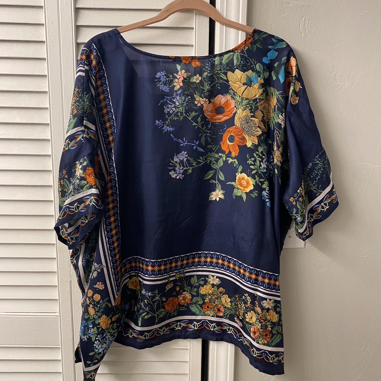 Johnny Was 100% Silk Navy & Floral Short Sleeve... - Depop