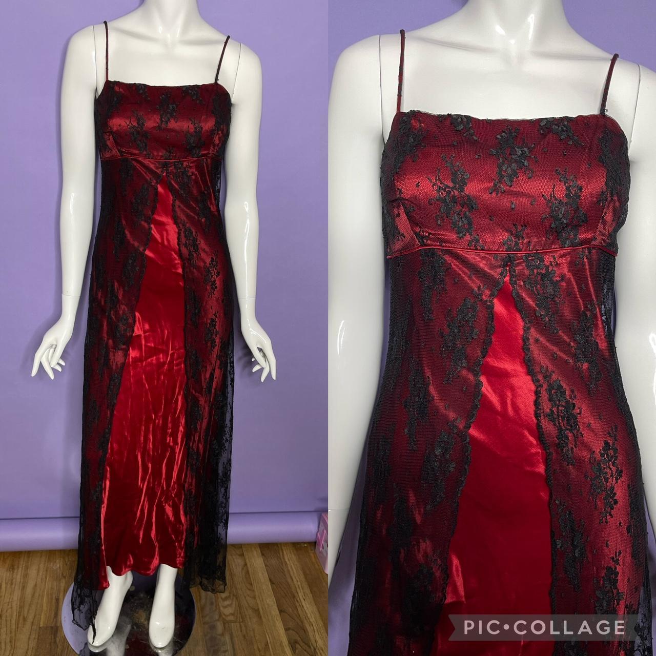 Vintage 90s mallgoth red & black lace maxi gown... - Depop