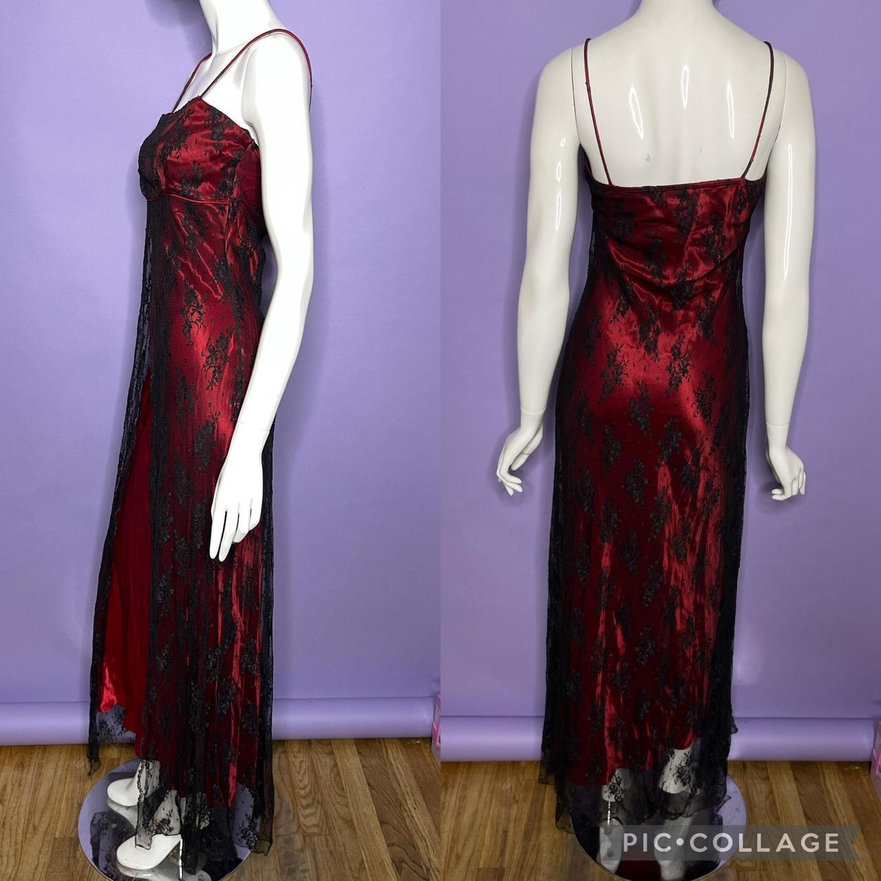 Vintage 90s mallgoth red & black lace maxi gown... - Depop