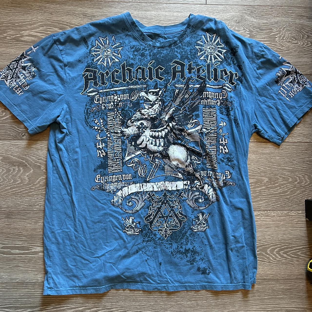 Affliction Men's Blue and White T-shirt | Depop