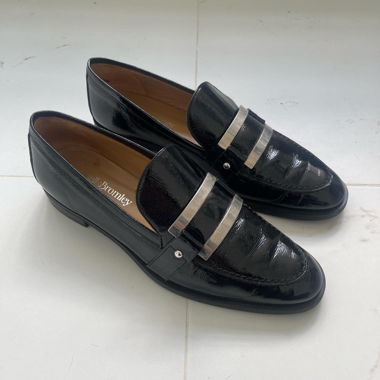 RUSSELL & BROMLEY chrome black leather flat trim... - Depop