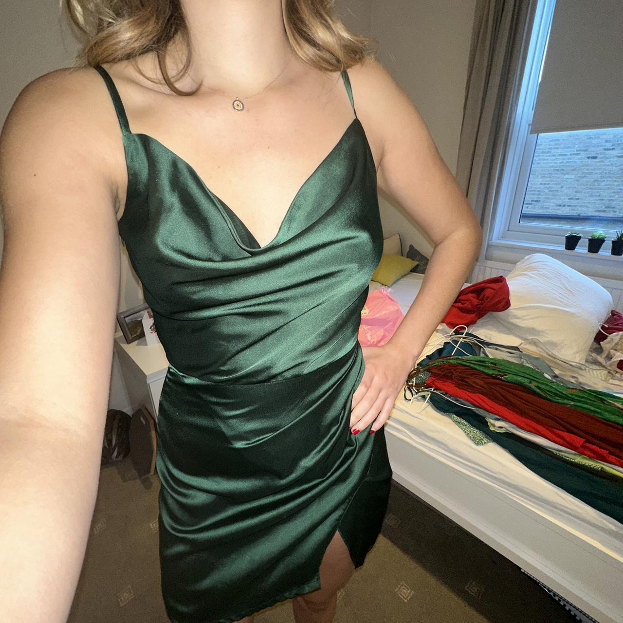 Misguided Green Satin Cowl Neck Mini dress Used a